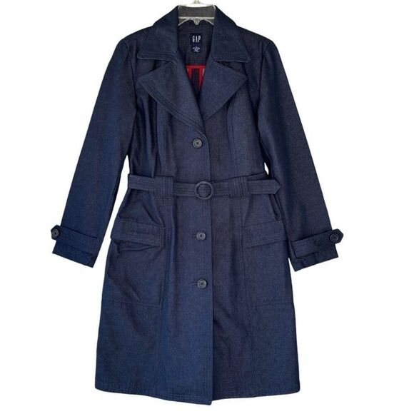 GAP Vintage Y2K Denim Blue Dark Wash Trench Coat Jacket Belted Pockets Size M - Picture 2 of 9